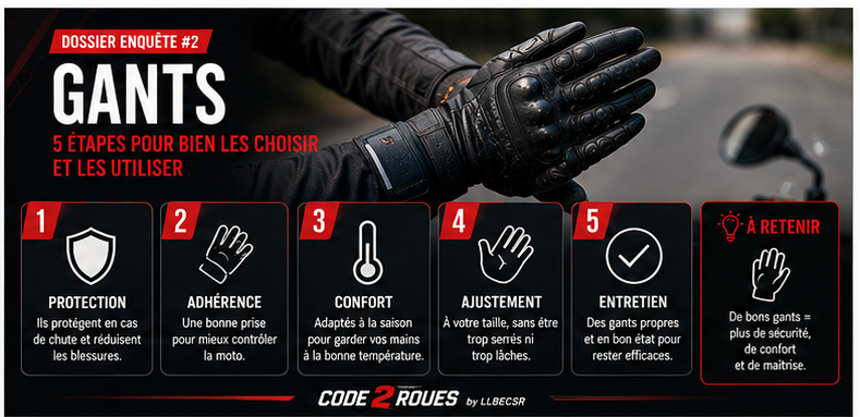 Poster CODE 2 ROUES — Dossier Enquête #2 : Gants moto, 5 étapes (protection, adhérence, confort, ajustement, entretien)