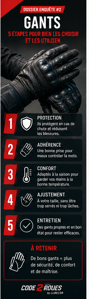 Poster vertical CODE 2 ROUES — Dossier Enquête #2 : Gants, 5 étapes pour bien les choisir et les utiliser (protection, adhérence, confort, ajustement, entretien)