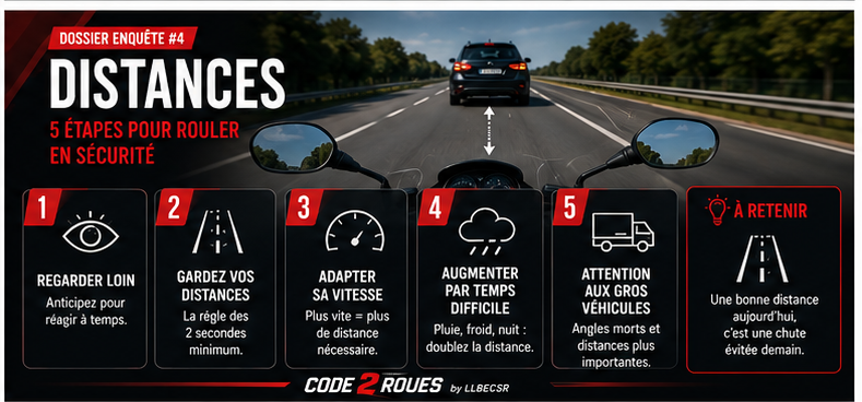 Poster CODE 2 ROUES — Dossier Enquête #4 : Distances de sécurité, 5 étapes (regarder loin, gardez vos distances, adapter sa vitesse, temps difficile, gros véhicules)