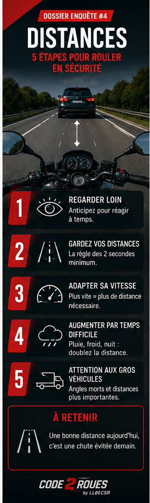 Poster vertical CODE 2 ROUES — Dossier Enquête #4 : Distances, 5 étapes pour rouler en sécurité (regarder loin, gardez vos distances, adapter sa vitesse, temps difficile, gros véhicules)
