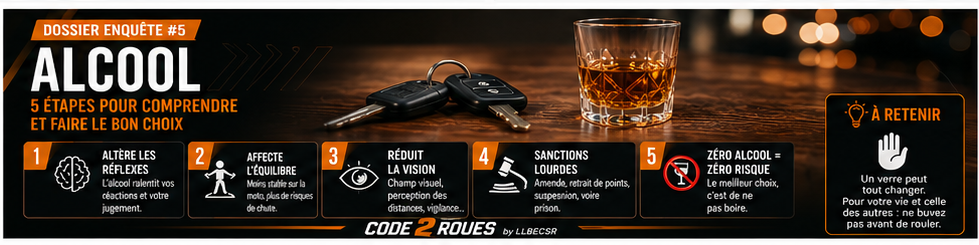 Poster CODE 2 ROUES — Dossier Enquête #5 : Alcool, 5 étapes (altère les réflexes, affecte l'équilibre, réduit la vision, sanctions lourdes, zéro alcool = zéro risque)