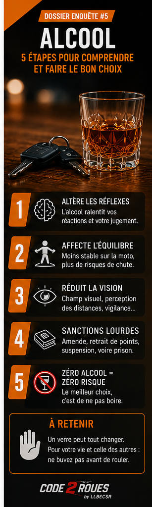 Poster vertical CODE 2 ROUES — Dossier Enquête #5 : Alcool, 5 étapes pour comprendre et faire le bon choix (altère les réflexes, affecte l'équilibre, réduit la vision, sanctions lourdes, zéro alcool = zéro risque)