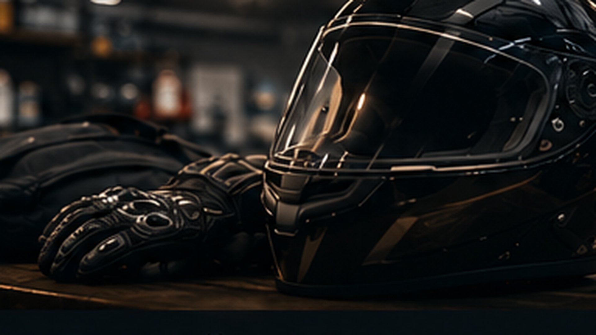 Casque intégral et gants moto homologués sur un banc d'atelier — équipement obligatoire pour rouler dans les Zones à Faibles Émissions